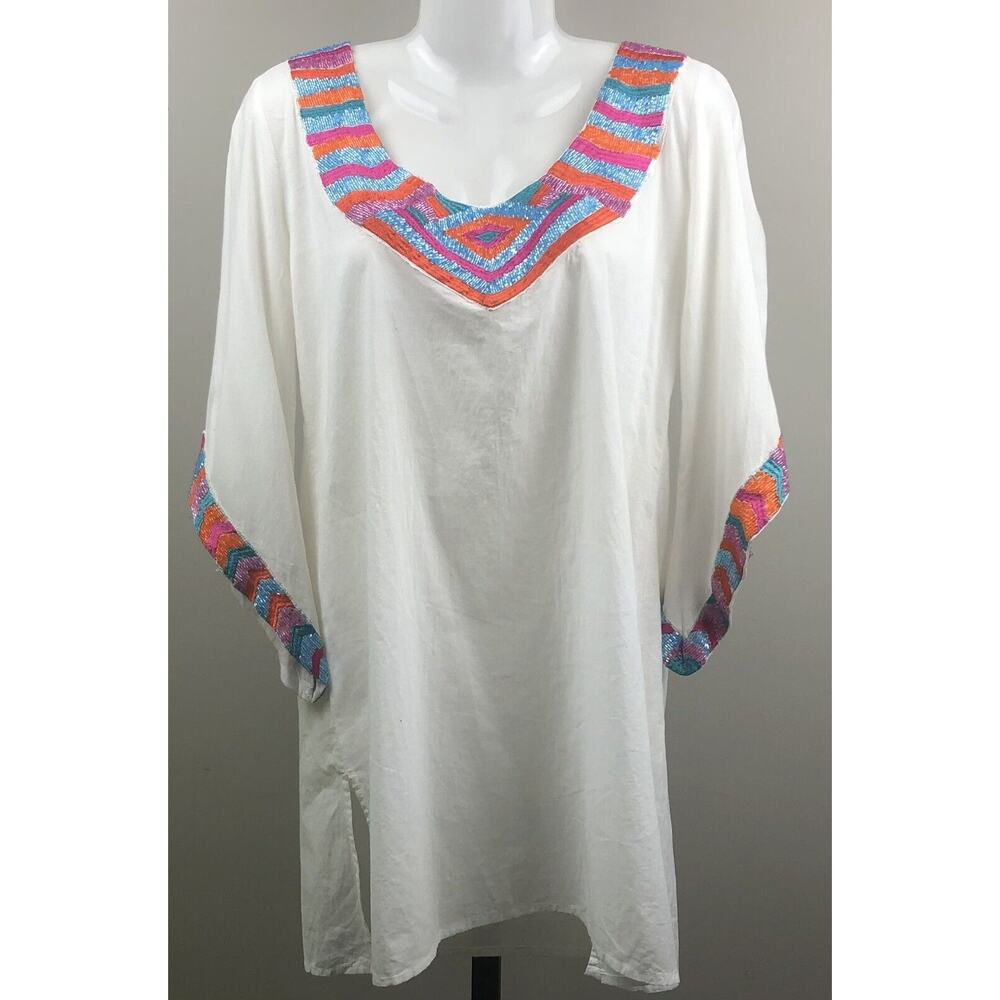 Mud Pie Tunic Women M (8-10) White Embellished 100% Cotton Coverup Top Boho